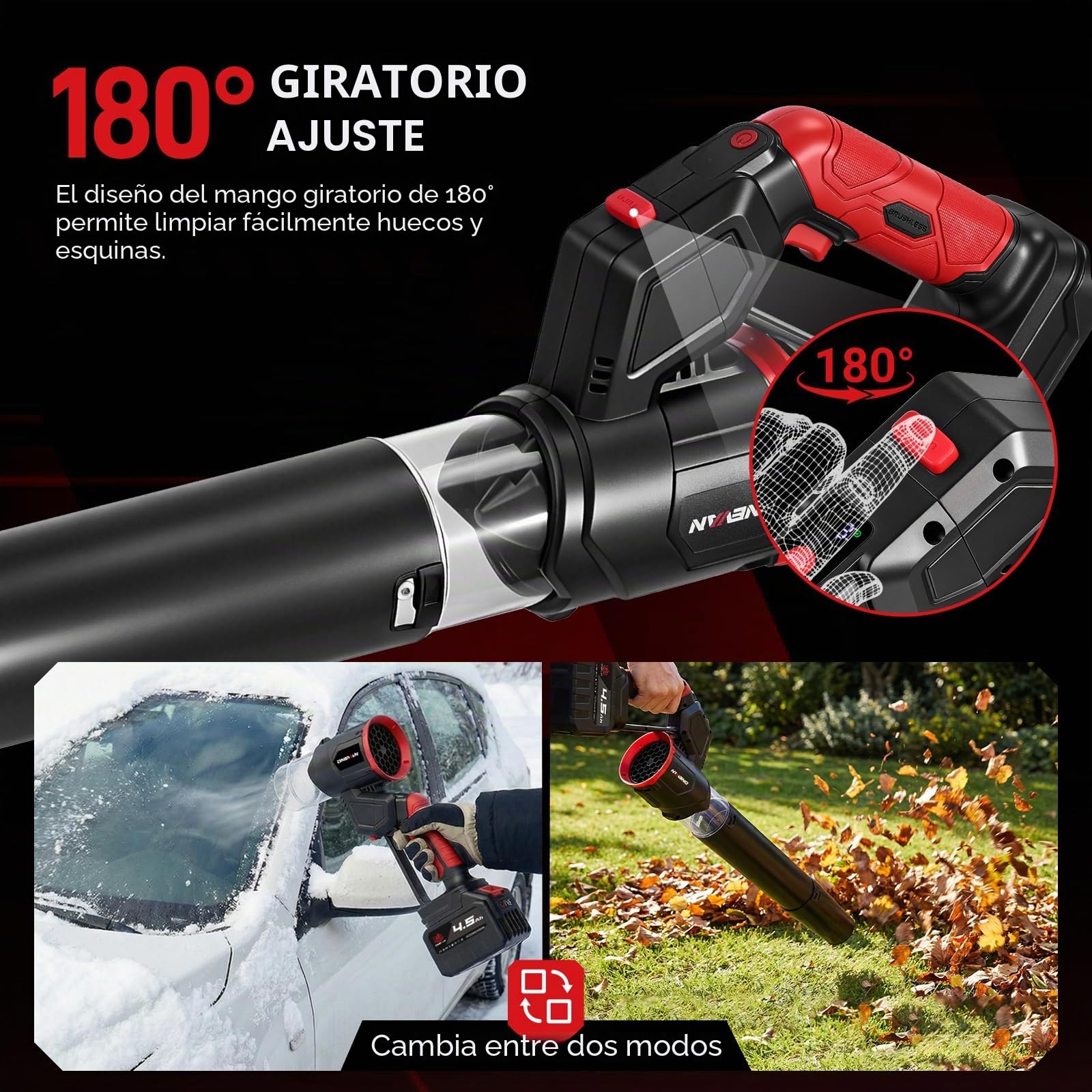 ONEVAN Soplador de Hojas sin Escobillas 180°Giro 180km/h Velocidad 2x4,5Ah | 3 Marchas regulables, Motor sin escobillas 525W, Caudal de aire 558 m³/h, Pantalla LED, 4 Boquillas, Limpieza jardín & nieve