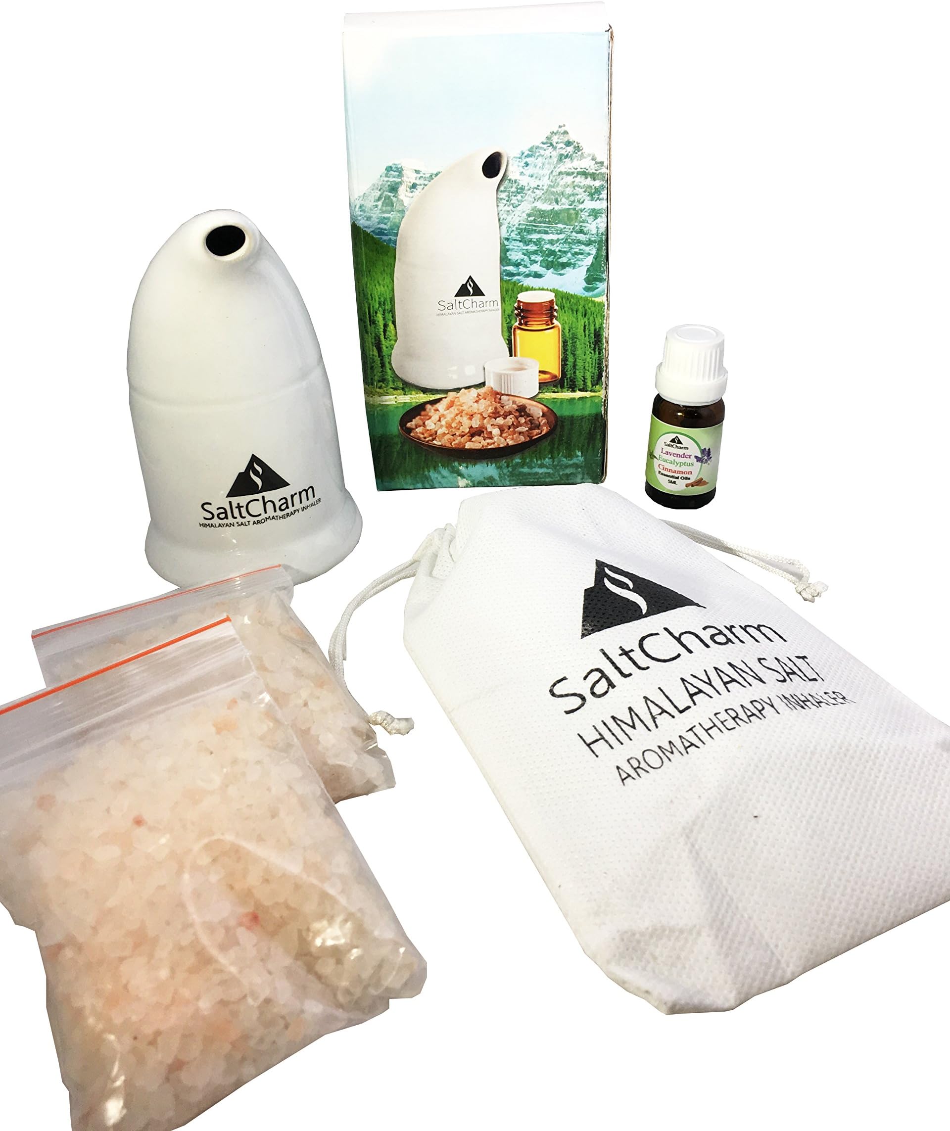 Himalayan Pink Salt Ceramic Inhaler with Aromatherapy Essential Oil 5ml Sample, and All-Natural Respiratory Aid for Allergies, Asthma, Better Health, Detox, Relaxation and Pain Relief