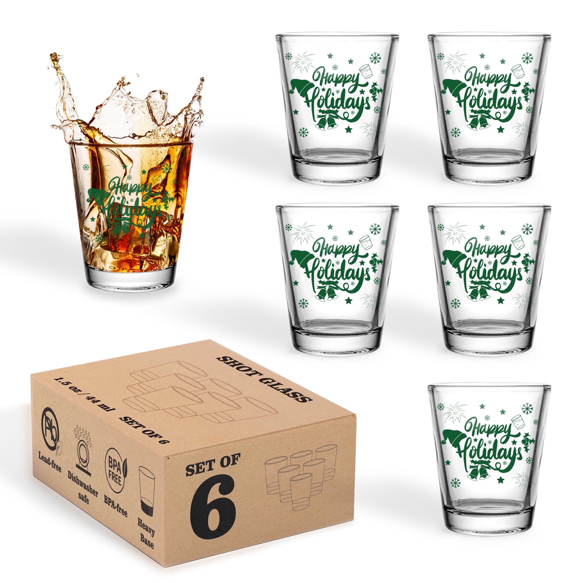 6 PCS Happy Holidays Theme Shot Glasses Set, 1.5 oz Clear Shot Glass Cups with Heavy Base, Christmas, New Year and Other Theme Parties Decorations, Christmas New Year Party Supplies or Favors