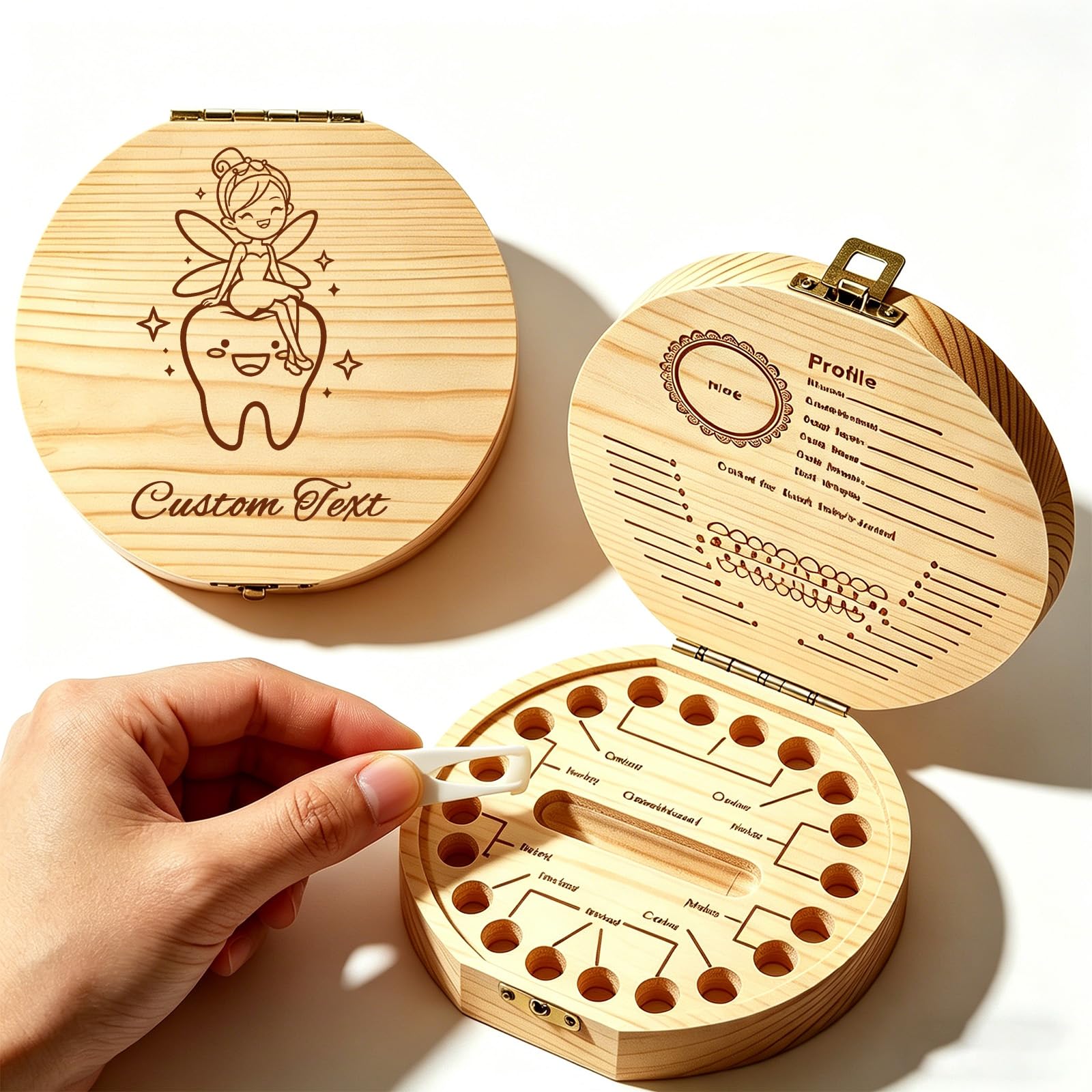 QSZ Personalised Tooth Fairy Box with Acrylic Bottle Engravable with Icons Text Wooden Tooth Box for Lost Teeth Storage Cute Tooth Fairy Bag Alternative (lost tooth holder)
