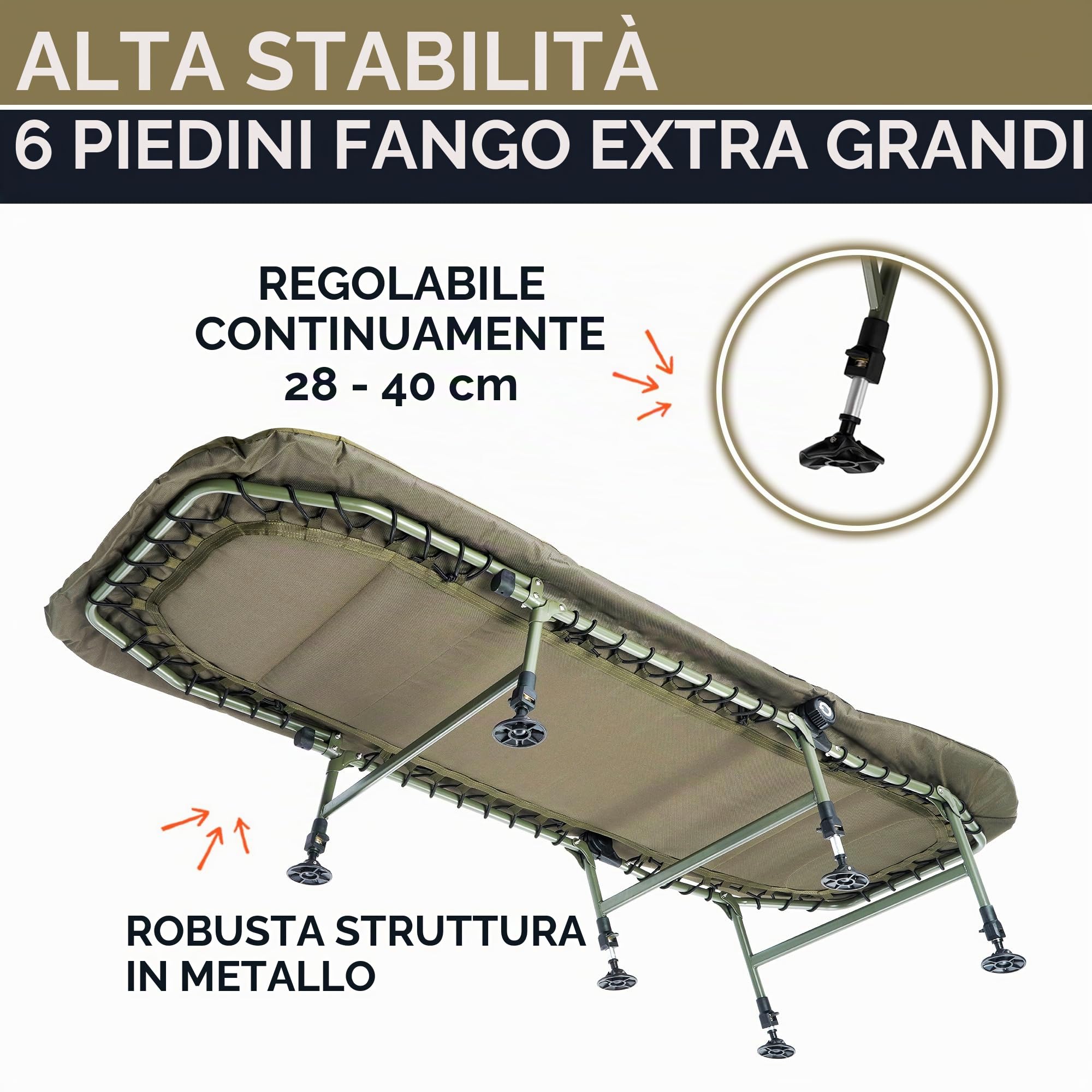 Lettino da pesca a 6 gambe di alta qualità, per professionisti, da campeggio, da campo, colore: verde/nero