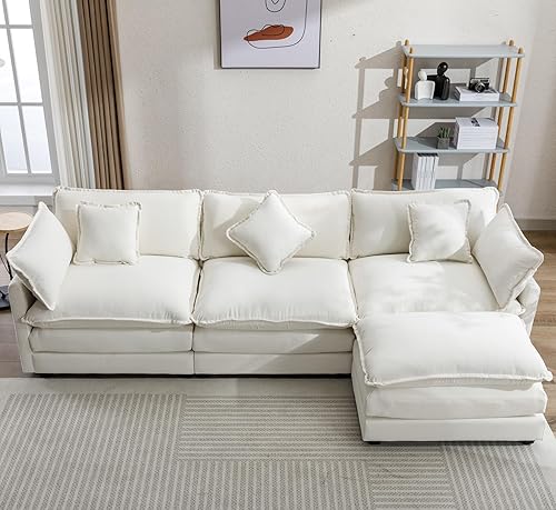 Miniatura 4 de JUSTONE Sofá modular tapizado de felpilla en forma de L de 111.4 pulgadas para sala de estar, sofá moderno de lujo con otomana, 5 almohadas, (beige)