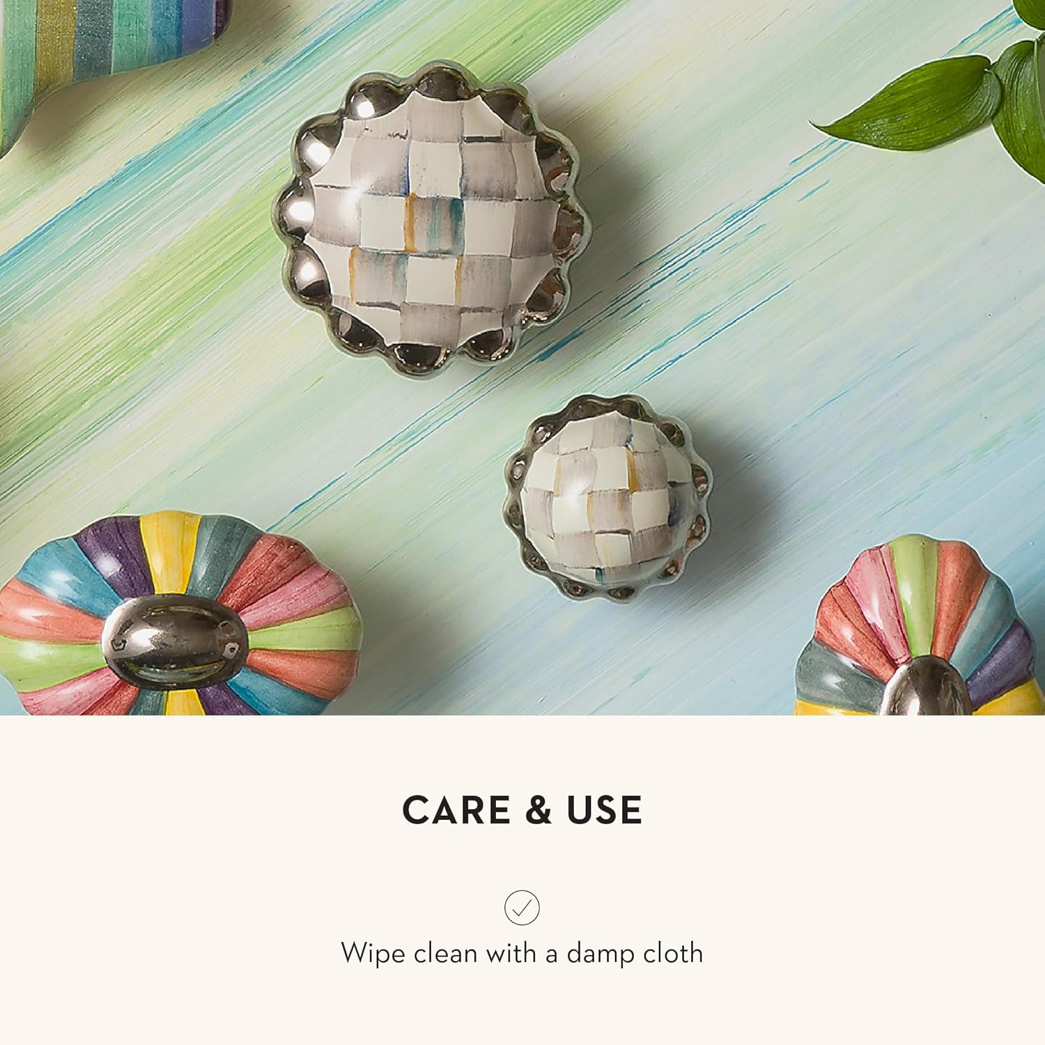 MACKENZIE-CHILDS Petit Four Round Knob, Decorative Drawer Pull Knob, Gray-and-White Sterling Check