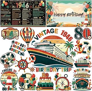 Dazoratix 80th Birthday Cruise Decorations - 16 Pcs Retro Door Ship Cabin Magnetic Stickers Vintage 1946 Anchor Stateroom Magnets Decals with Pens for Carnival Party Whiteboard Refrigerator Car Decor