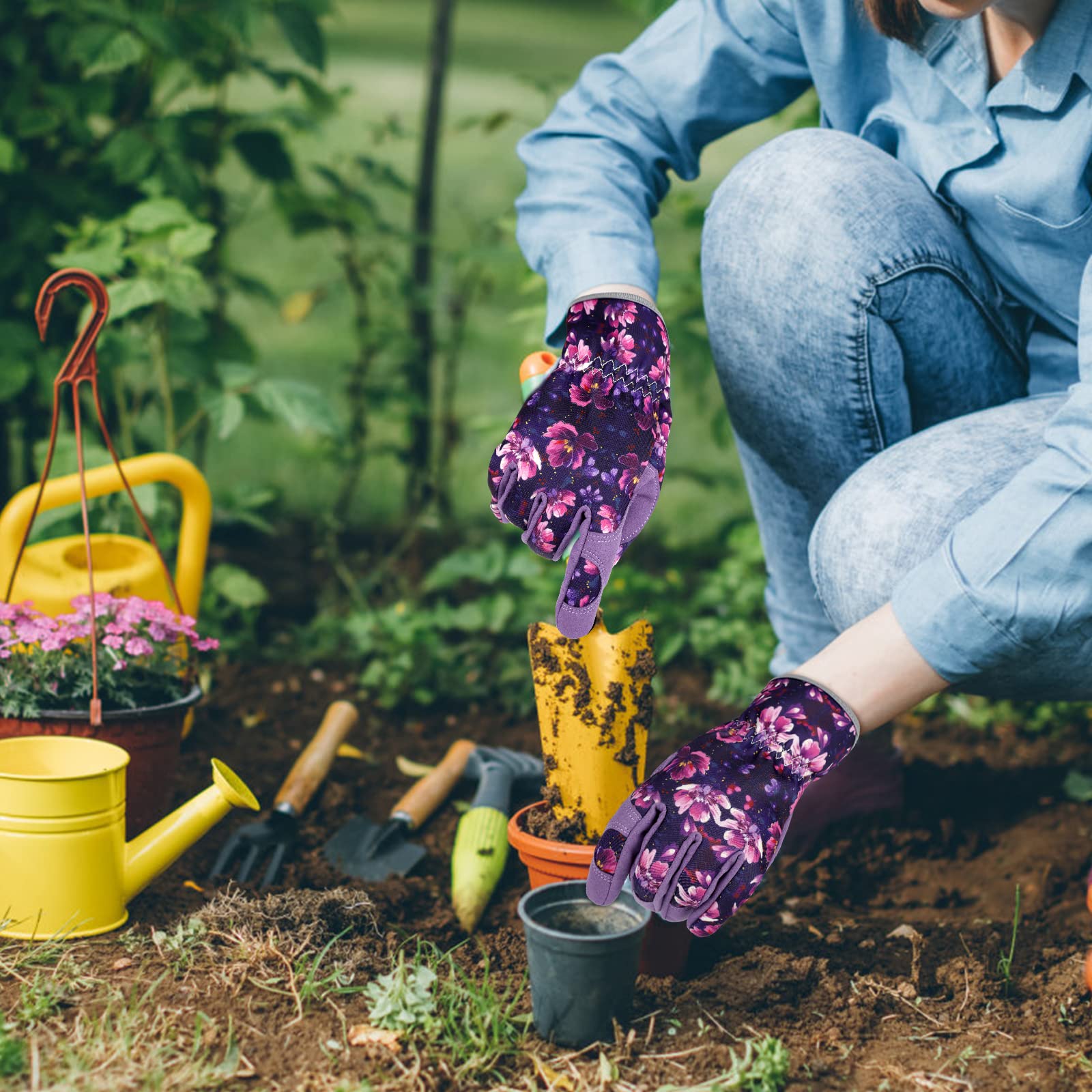 Gants de jardinage en cuir résistant pour femme - Anti-épines - Pour écran tactile - Cadeau de travail dans la ferme - Violet - Taille M