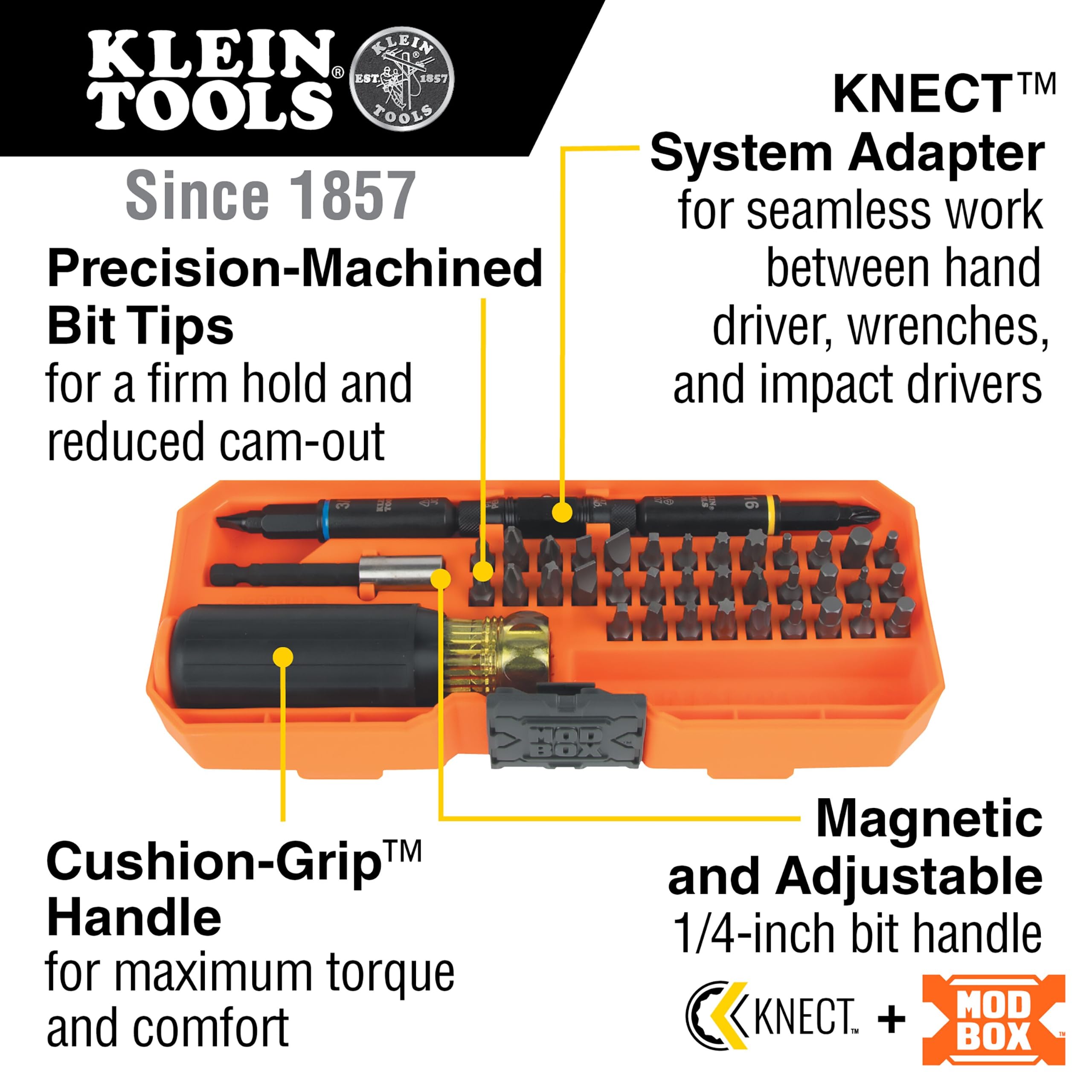 Klein Tools 32501HD KNECT - Juego de destornilladores y tuercas de 46 piezas con clasificación de impacto y caja MODbox, 39 brocas, 4 destornilladores de tuerca, soporte de brocas, mango