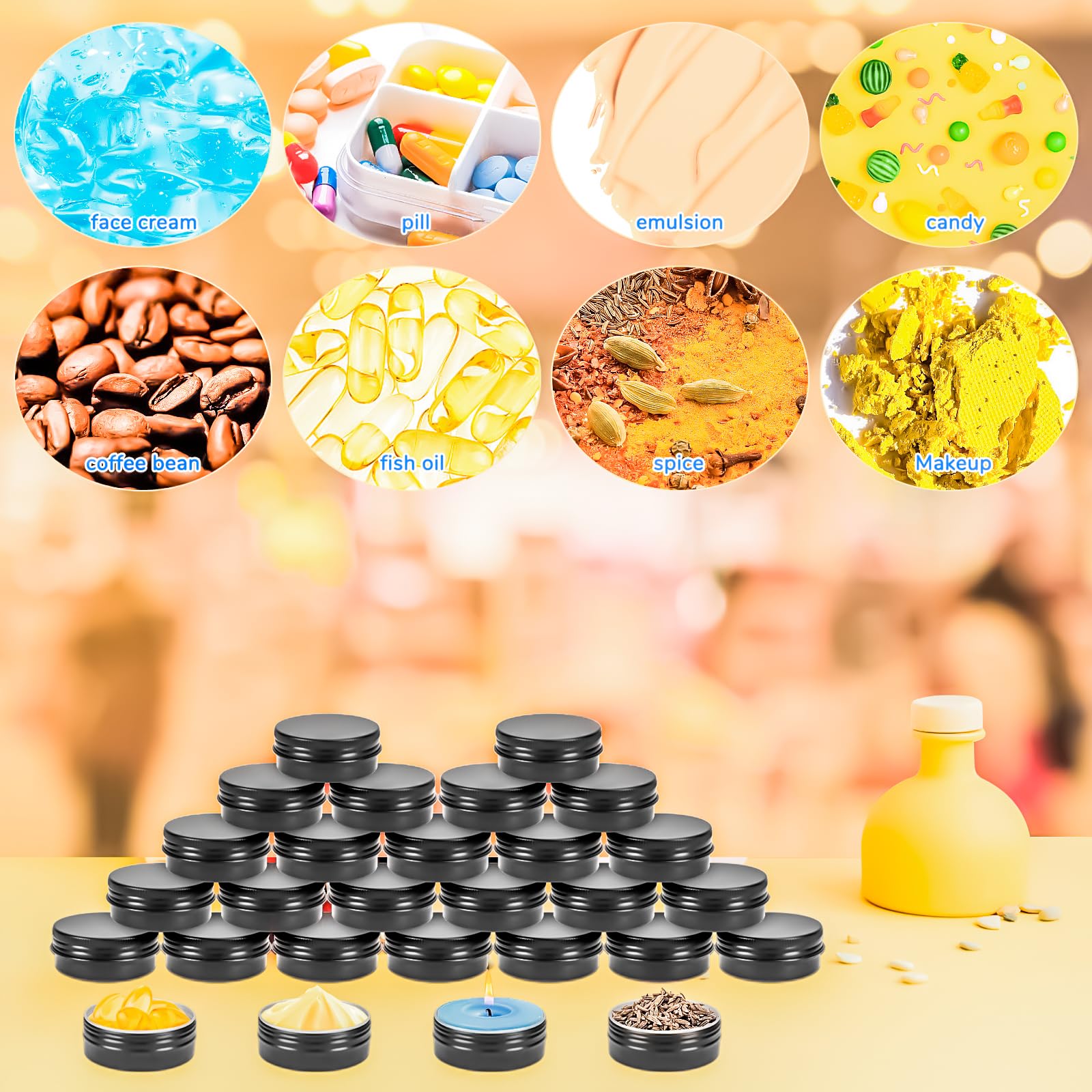 Paquete de 24 tarros de aluminio recargables de 0.5 onzas, recipientes redondos de aluminio con tapas para loción de bálsamo labial, velas de crema, bálsamo labial, 15 ml, color negro