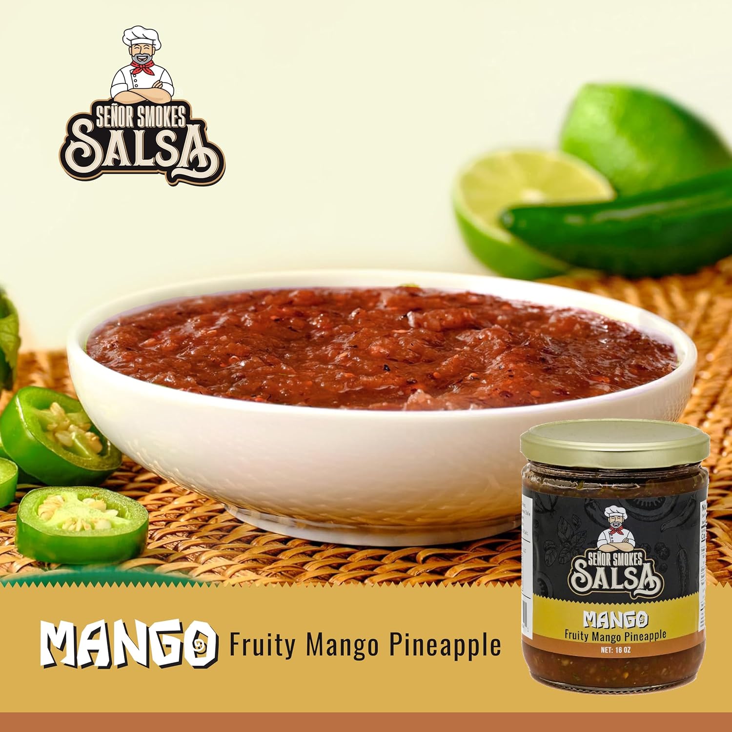 Senor Smokes Salsa | Mango Fruity Pineapple | 2 Pack Of Gourmet Salsa | Gluten Free | Made in USA | 16 Oz Glass Jar | Bold Flavor Party Snack