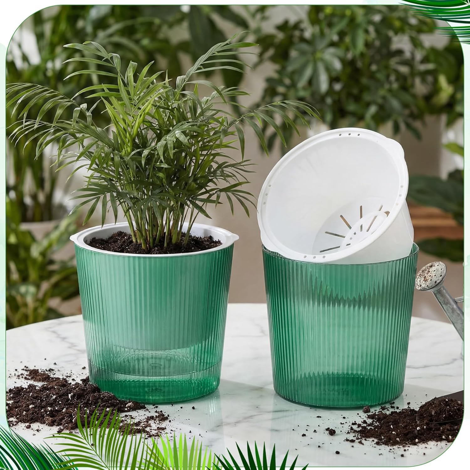 6 Pack Self Watering Pots for Indoor Plants Plastic Vertical Ribbed Semi Transparent Planters, Dual Layer Reservoir for Indoor Succulents Herbs Pothos(Green, White,6.5 x 5.9 Inch)