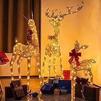 Vista 3 de YULETIME 3 piezas preiluminadas 3D de renos de Navidad, decoración familiar de ciervos de Navidad con purpurina iluminada, con luces LED blancas