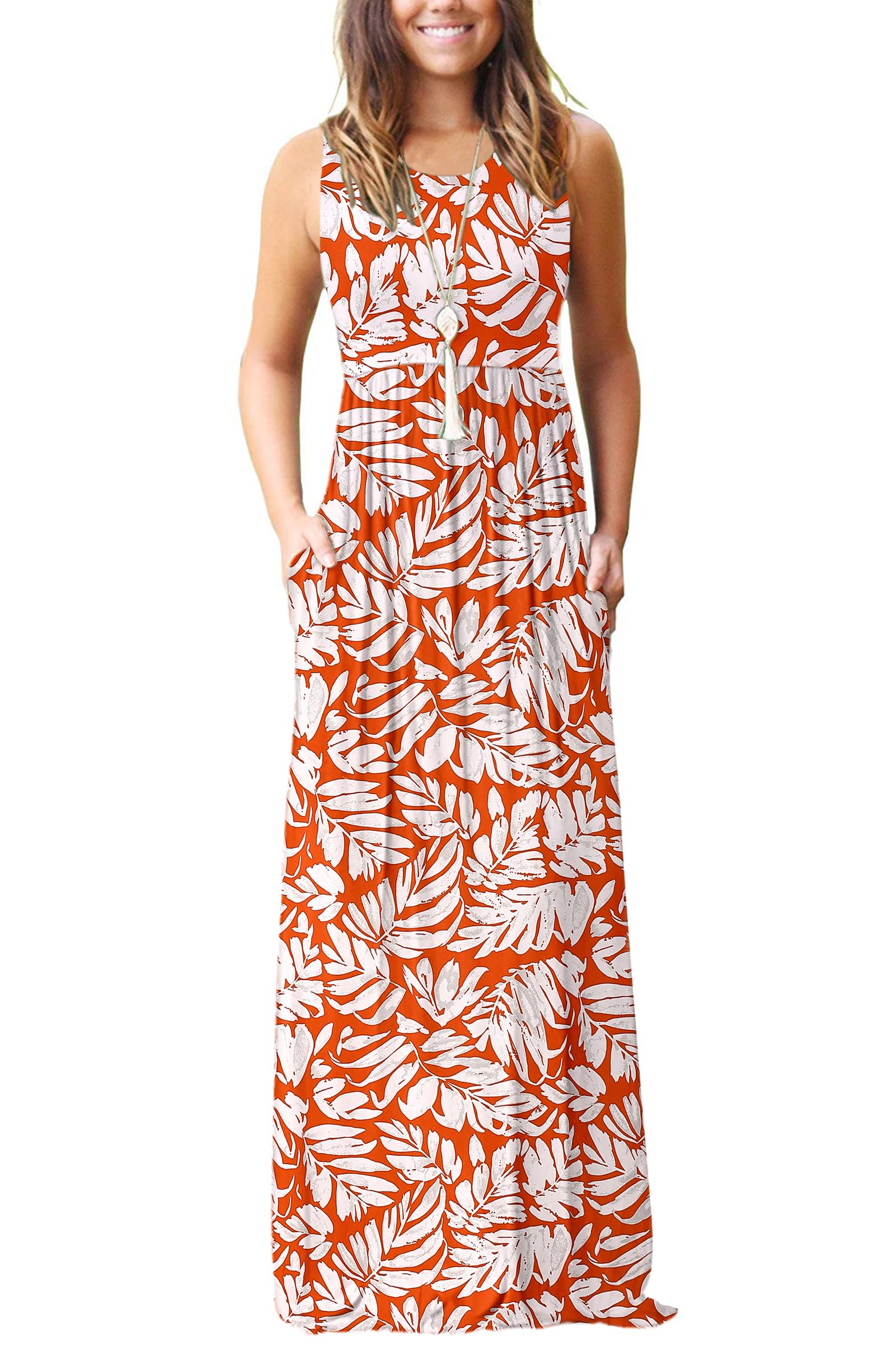 AUSELILY Women's Summer Sleeveless Loose Plain Casual Long Maxi Dresses | Year Round wear solid floral print, Casual daily wear, Empire waist, Floor length, Side pockets New