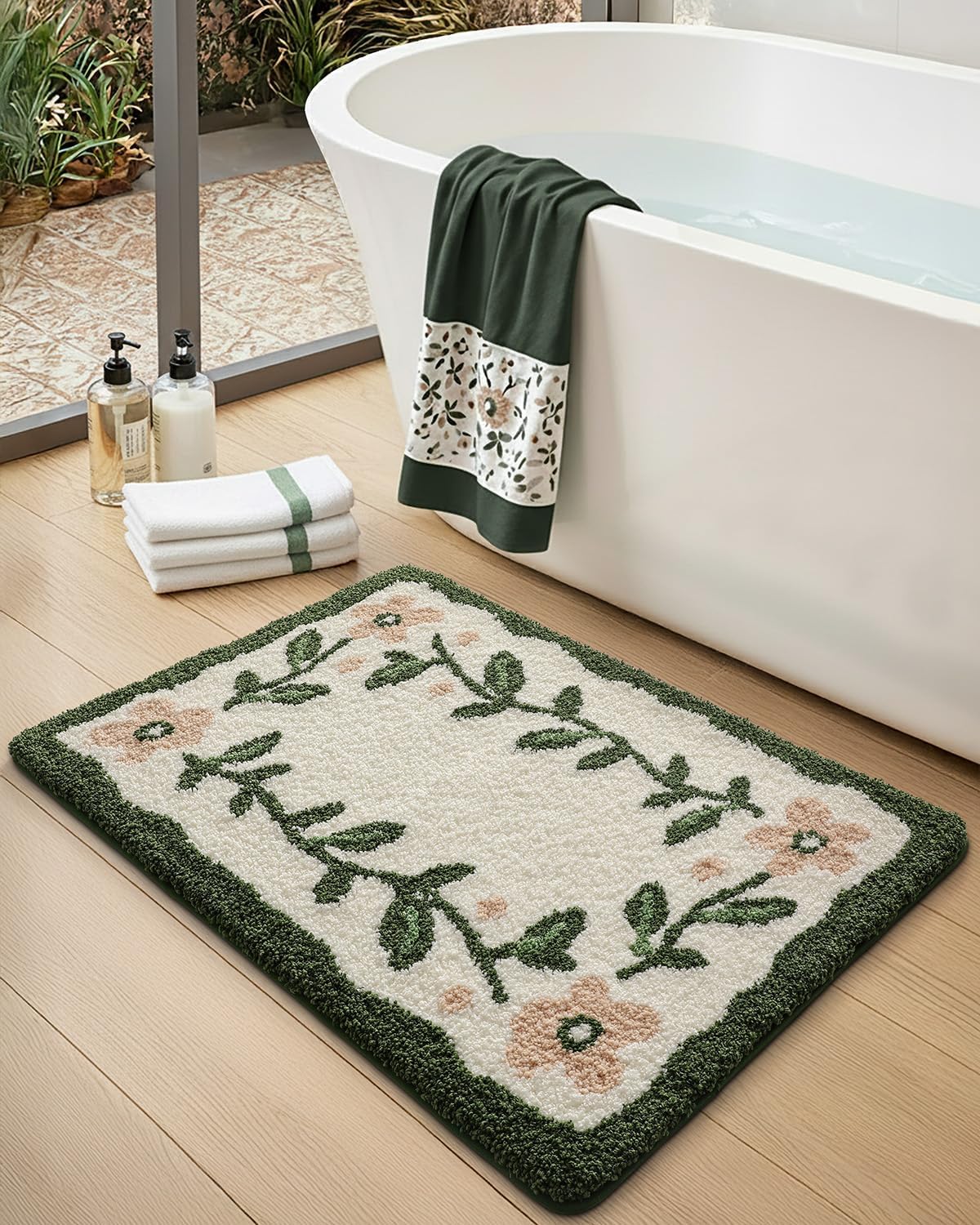 DEXI Floral Bathroom Rugs 24x36, Green Leaf Bathmat Non Slip, Washable Absorbent Quick Dry Bath Mat, Soft Plush Microfiber Cute Pink Flower Shower Rug for Shower Floor, Tub, Sink, Beige