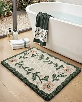 DEXI Boho Floral Bathroom Rugs 32x20, Green Leaf Bath Mat Non Slip Washable