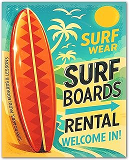 ZUKIY Retro Surfboard Rentals Welcome in - Vintage Surf Decor for Wall - Surfer Room Art Print - Unframed 8x10 Poster - Beach Boys Style Surfboard Poster for Home Office Bedroom Bathroom Gym