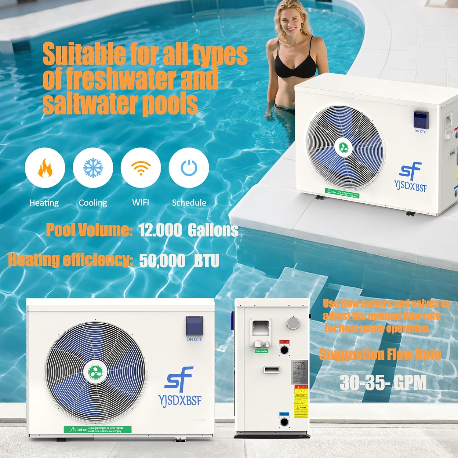 12,000 Gallon Electric Pool Heater, Suitable for Above Ground Pools, 50,000 BTU Pool Heat Pump, Supports APP Timer, Intelligent Energy-Saving Pool Heater, 220V-240V