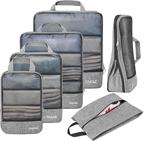 BAGAIL 6 Set/4 Set Lightweight Compression Packing Cubes with Packing List, Anti-Tearing Expandable Organizer Bags for Travel(6 Set,Grey)