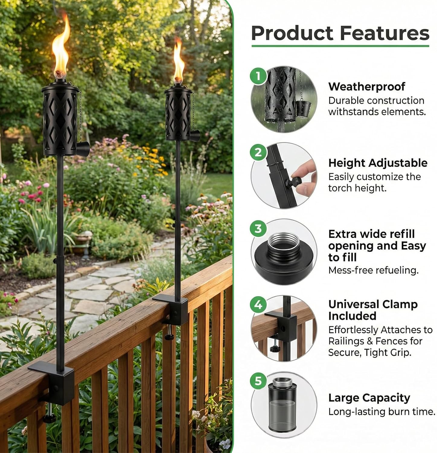 6 Pack Garden Torch with Universal Clamp, 16 Oz Citronella Torches, Metal Adjustable Light Torches for Any Porch, Yard, Pathway, Backyard, Fence