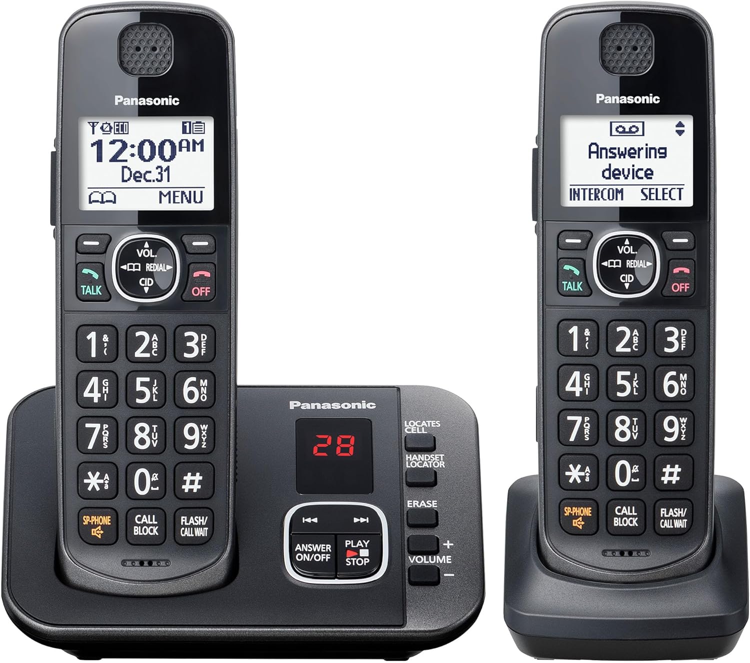 Panasonic Cordless Phone with Answering Machine, Automated Call Block, Easy to Use – 2 Handsets – KX-TGE632M (Metallic Black)