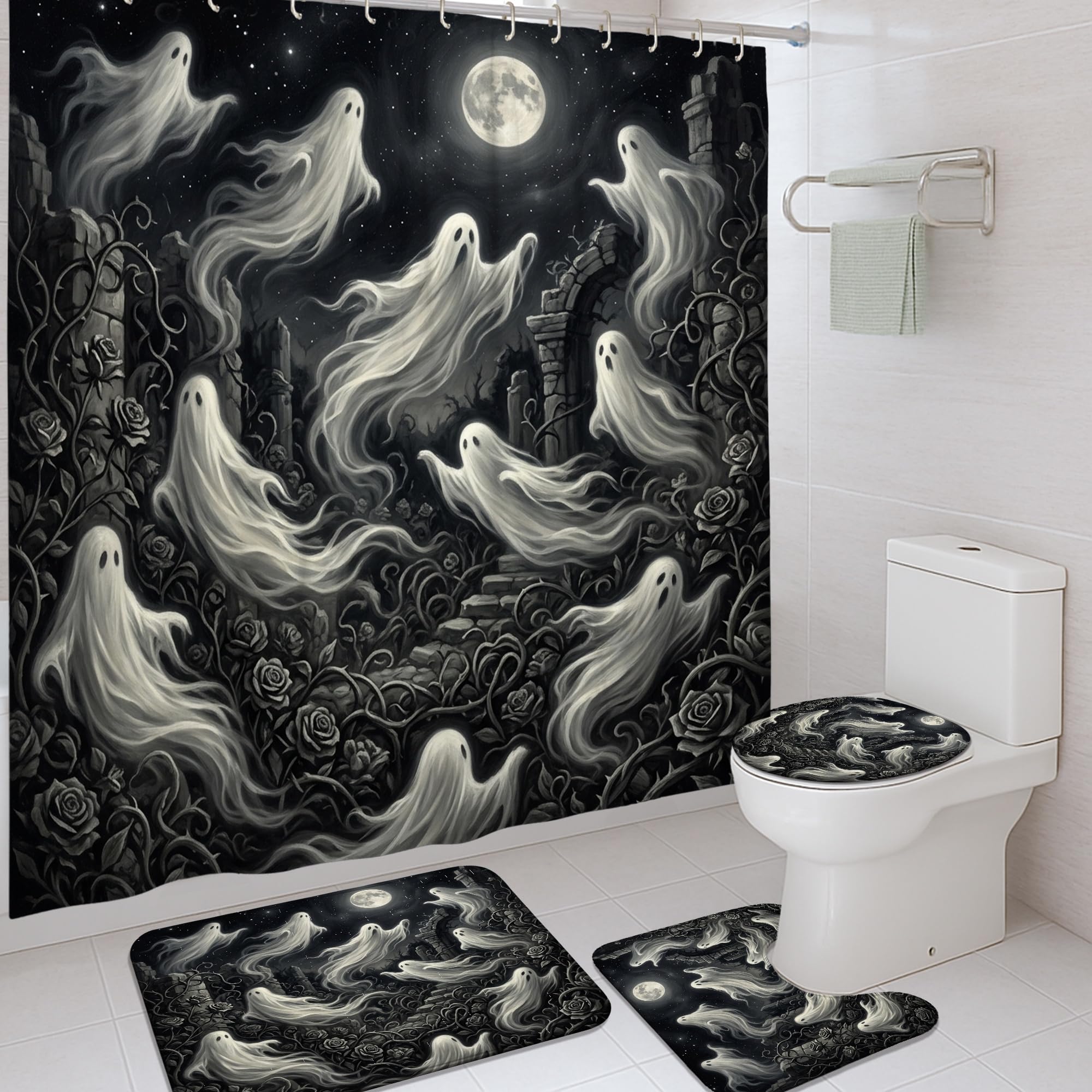 Ensemble rideau de douche et tapis Halloween noir en polyester imperméable 183x183 cm