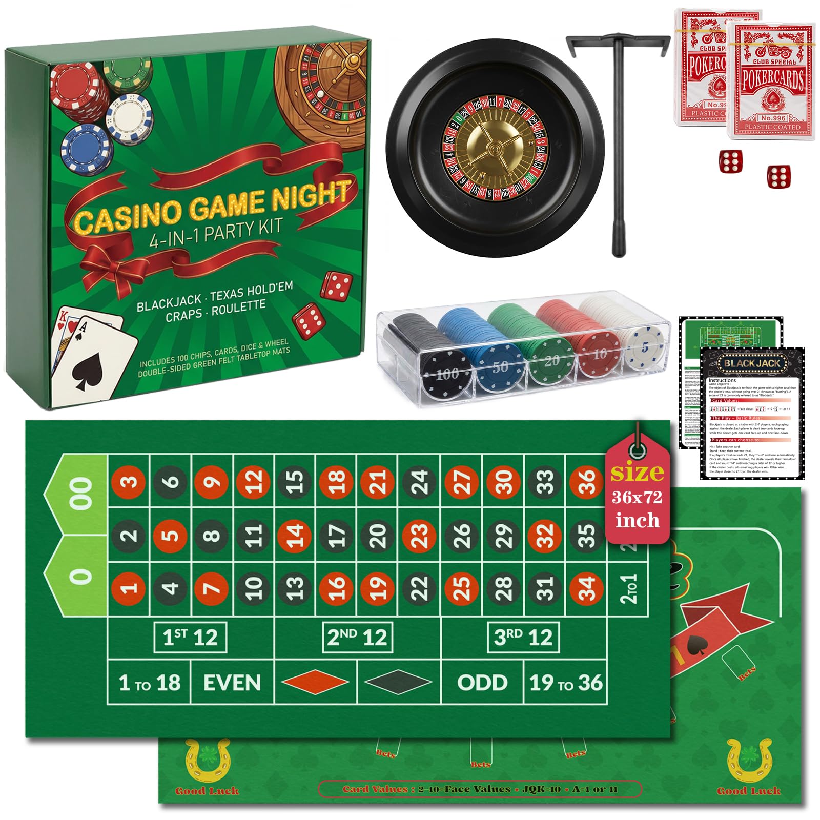 Casino Night 4-in-1 Complete Game Set with 2 Double-Sided Felt Layout Mats (36"x72"), 10" Roulette Wheel, 100 Chips, Cards, Dealer Button & Dice - Includes Texas Hold'em Poker, Blackjack, Craps