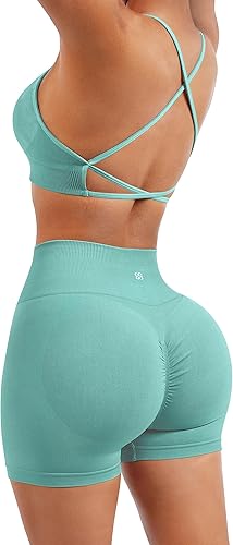 Miniatura 3 de SUUKSESS Conjuntos de entrenamiento sin costuras para mujer, sujetador deportivo con tiras y cintura alta, pantalones cortos