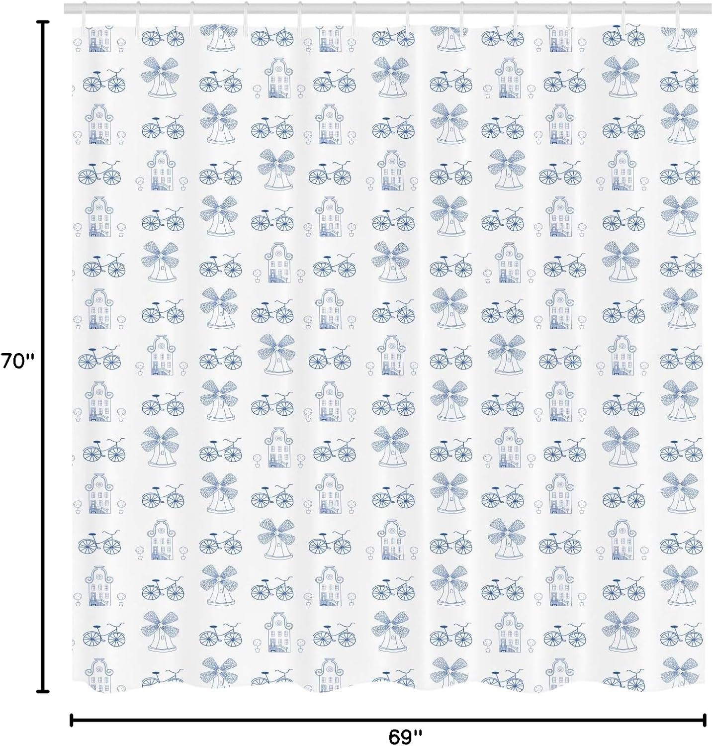 Ambesonne Bicycle Shower Curtain, Dutch Ornament Drawings in Blue Windmill Narrow House Bicycle Topiary Tree, Cloth Fabric Bathroom Decor Set with Hooks, 69" W x 70" L, Night Blue