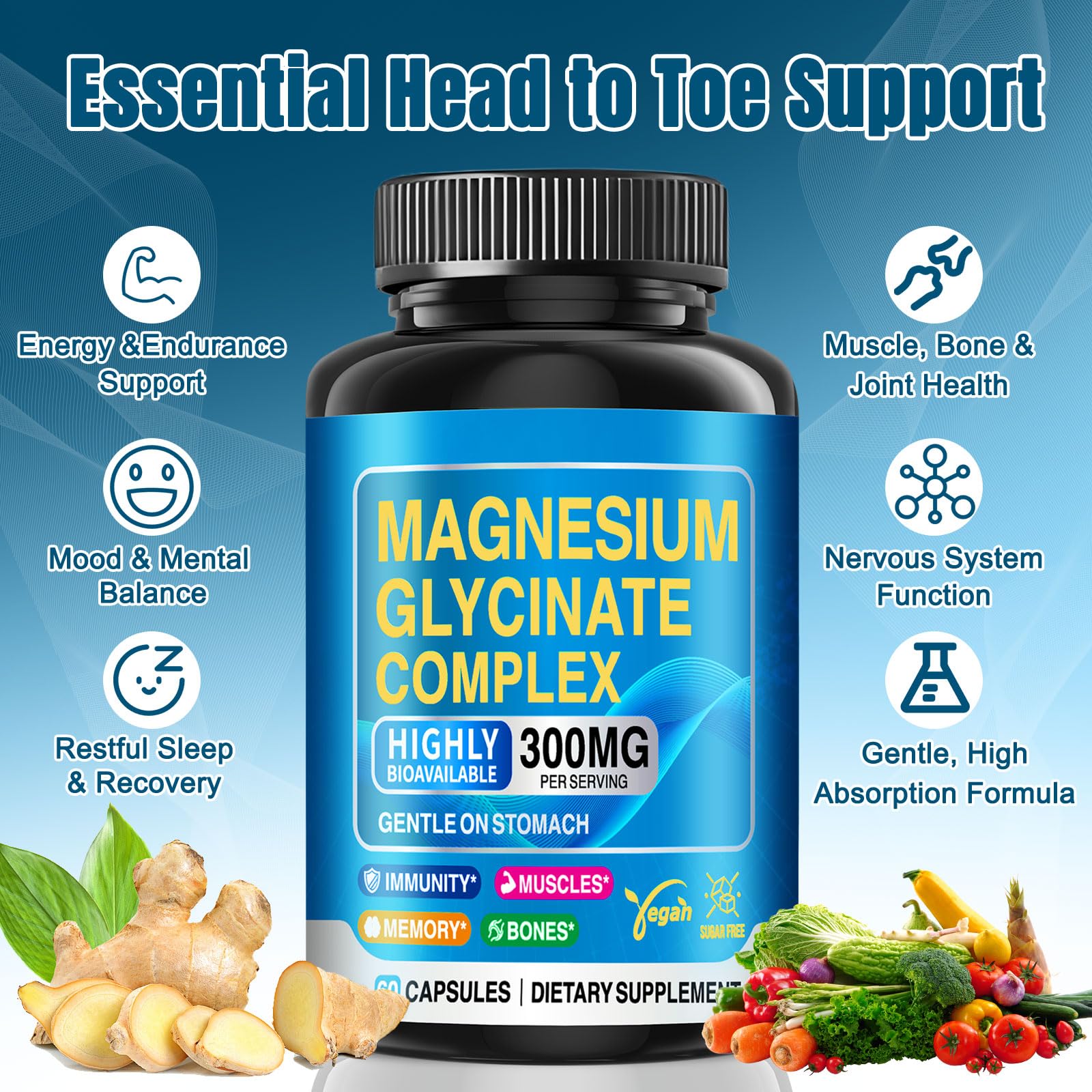 CNFHDI Magnesium Glycinate 300mg Per Serving, Magnesium Supplement for Stress Relief, Sleep & Muscle Recovery, Chelated High Absorption, Non-GMO, Vegan, Gentle on Stomach, 60 Capsules