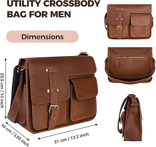 Miniatura 4 de Bolso bandolera de cuero para hombre Bolso de piel de vaca auténtica con bolsillos delanteros y correa ajustable