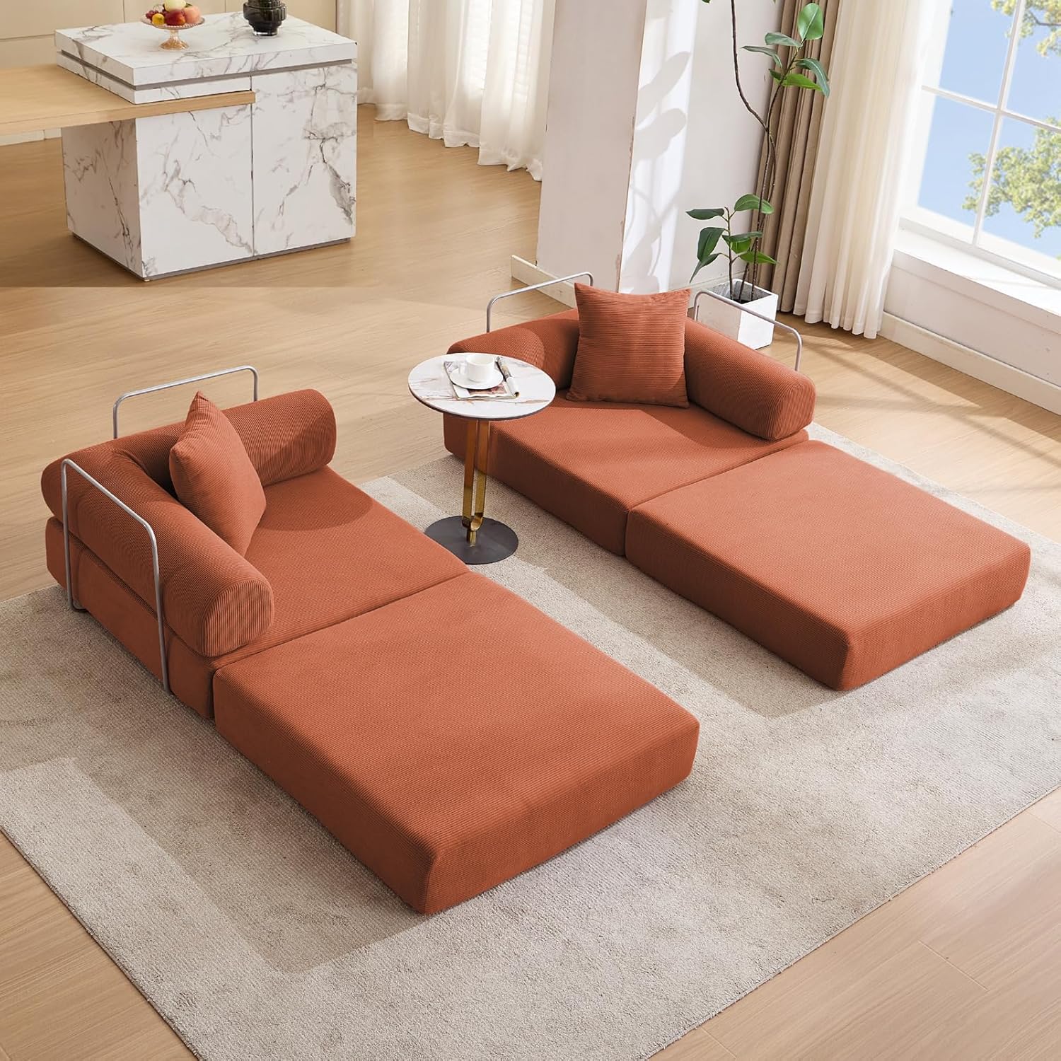 73" Convertible Modular Folding Sofa Bed, 5-in-1 DIY Combination Fold Out Sleeper Sofa Bed, Loveseat sleeper Couch with Removable Armrests, Corduroy Floor Couch, Small couches for small spaces, Orange