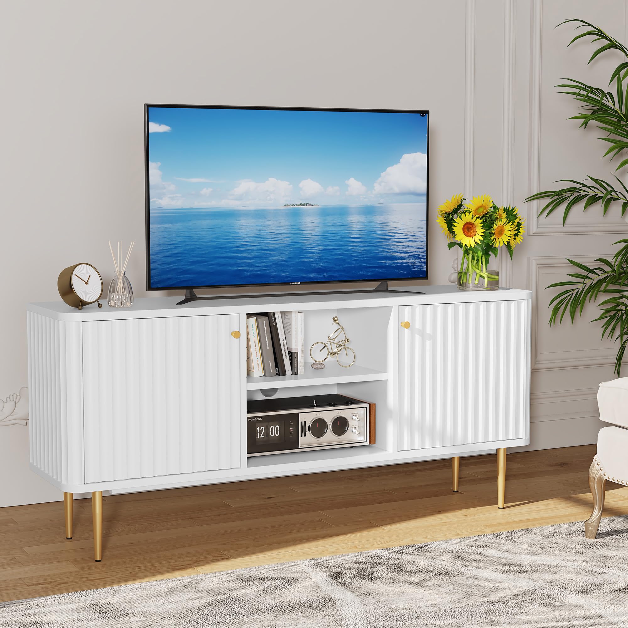 TV-Schrank-Fernsehschrank Holz Fernsehtisch mit 2 Türen Lowboard für Fernseher TV-Regal für Wohnzimmer, Esszimmer, Schlafzimmer, Moderne Stil,Weiß