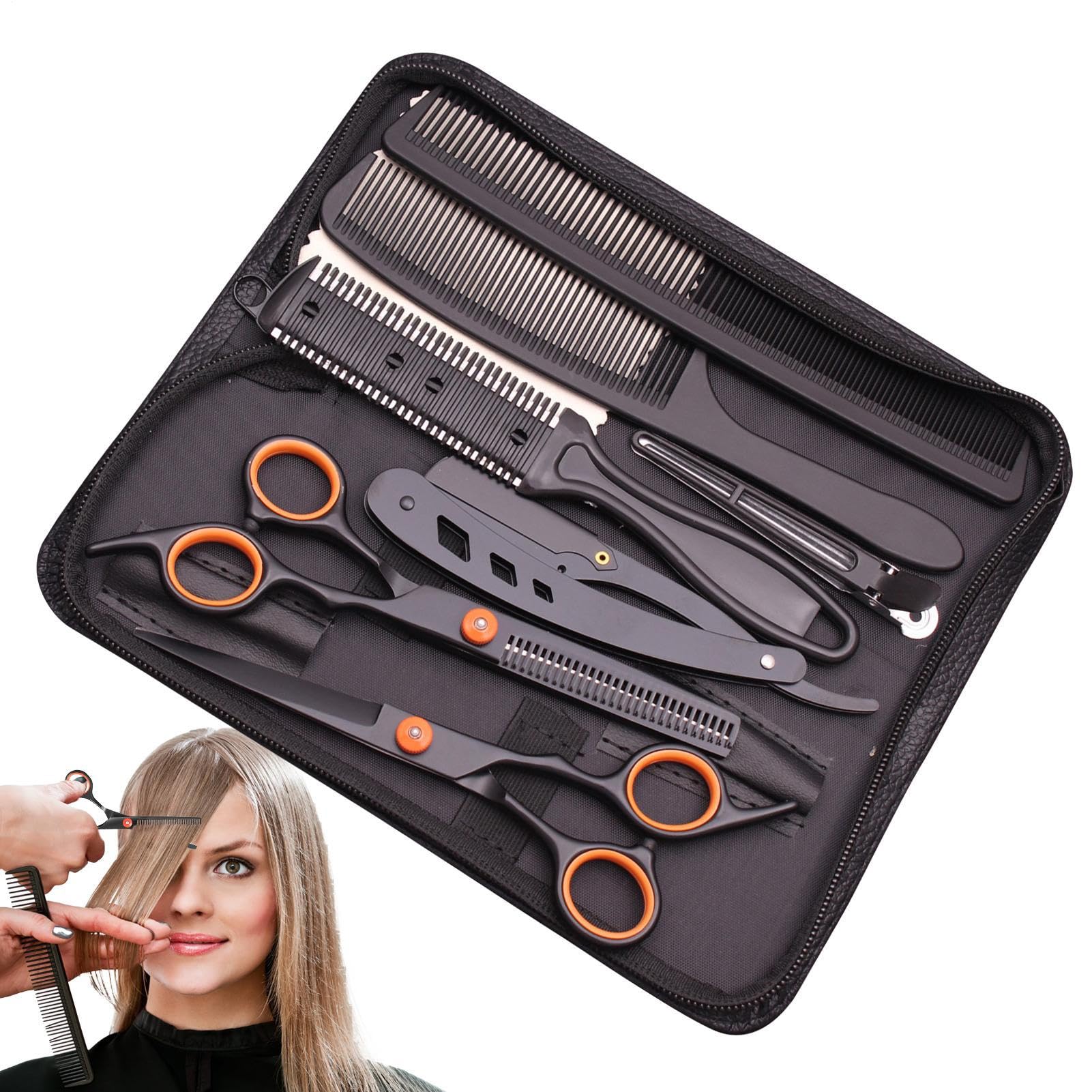Juego de corte de pelo de peluquería - Juego profesional de cortapelos de acero inoxidable, tijeras rectas, tijeras dentales | Cortapelos para hombres y mujeres, corte de pelo en casa con navaja de