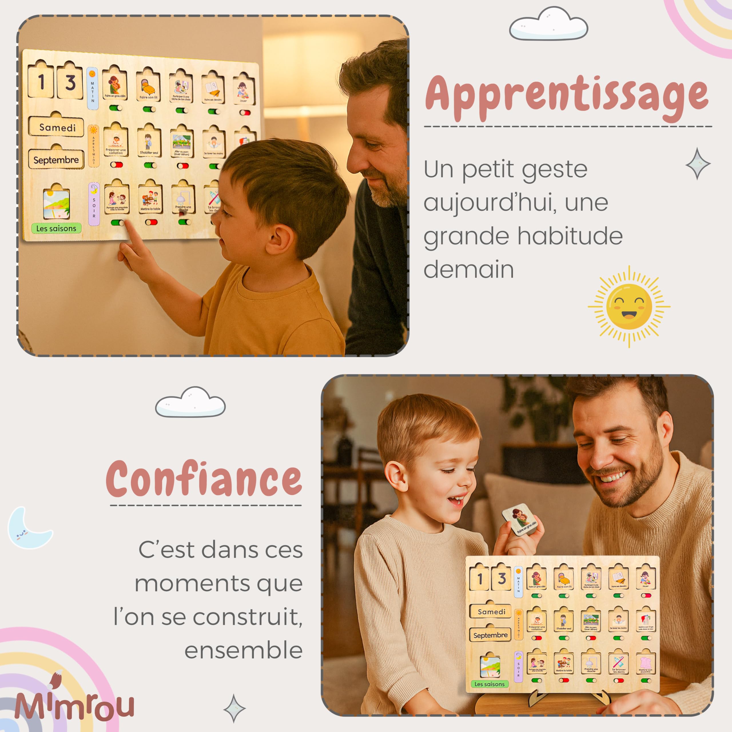 Planning Journalier pour Enfants Montessori +60 Étiquettes pour Les Routines Quotidiennes, Activités, Calendrier et Saisons, Apprentissage dès 3 Ans- Adapté TDAH/TSA