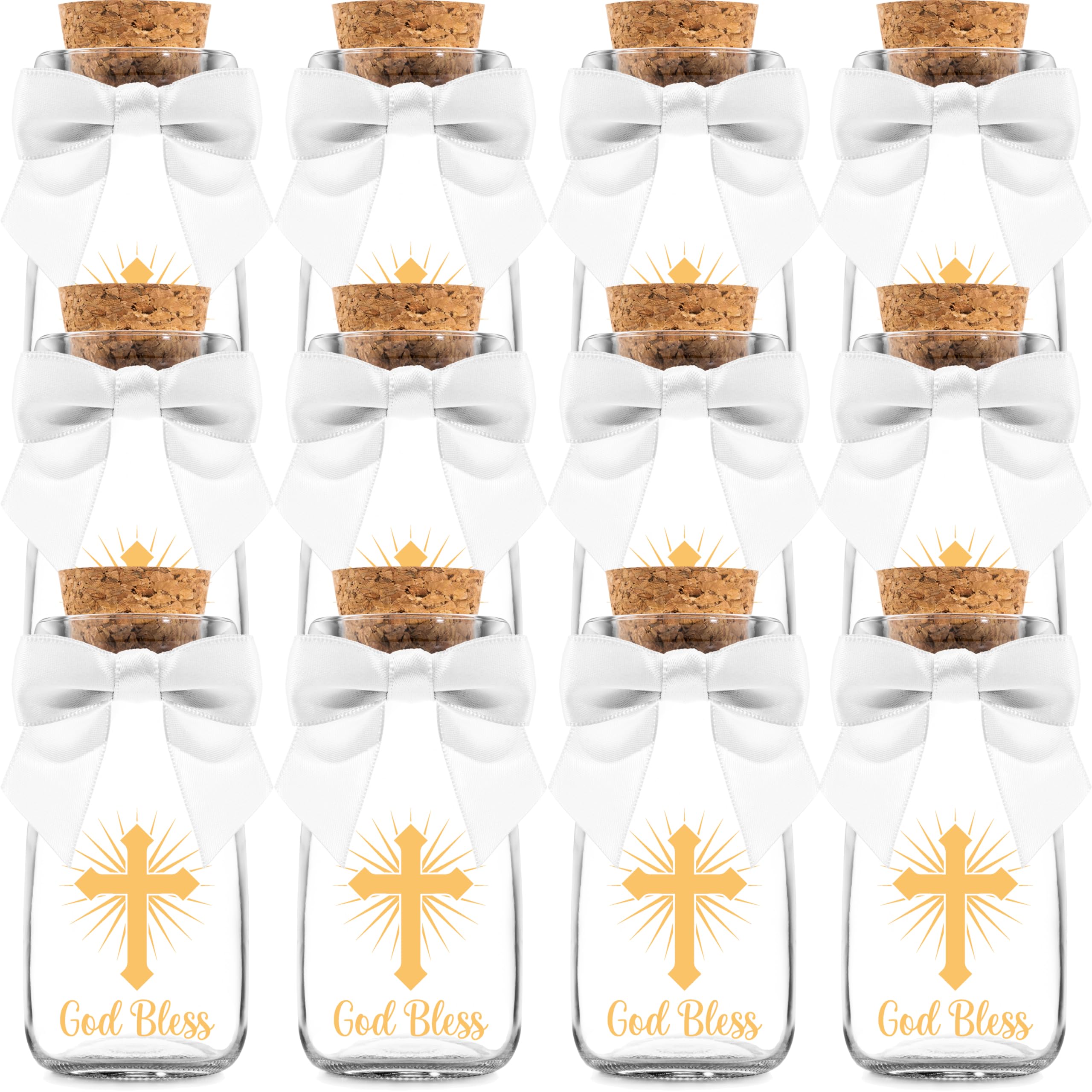 Ethisa Vintage 12 Pack Baptism Glass Bottles with Ribbons and Stickers - Classy God Bless Party Favors for Baptism and 1st Communion - Bautizo Table Centerpiece Decoration - Baby Christening Candy Jar