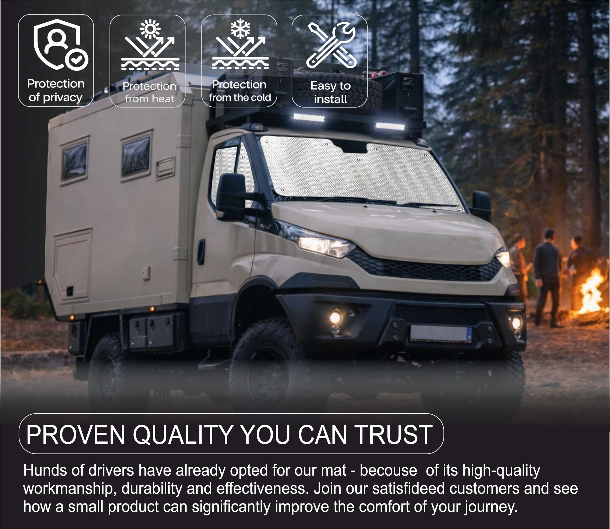 MJS Komplet osłon termicznych do przednich szyb i okien, kompatybilny z Iveco Daily 2014-2026 (3 sztuki) Termiczny ekran okien kabiny samochodowej z przyssawkami, osłona przeciwsłoneczna do izolacji