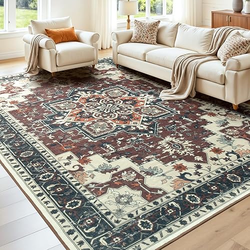 8x10 Area Rugs for Living Room, Machine Washable Non Slip Carpet, Large Vintage Floral Aesthetic Rug, Bedroom Decor, Rosewood Red