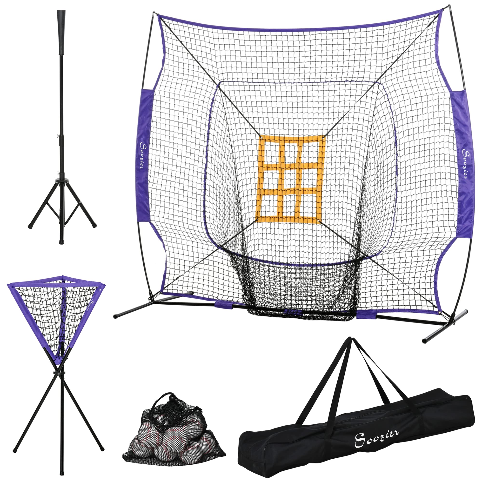 Soozier 7.5'x7' Baseball Practice Net Set w/Catcher Net, Tee Stand, 12 Baseballs for Pitching, Fielding, Practice Hitting, Batting, Backstop, Training Aid, Portable Training Equipment