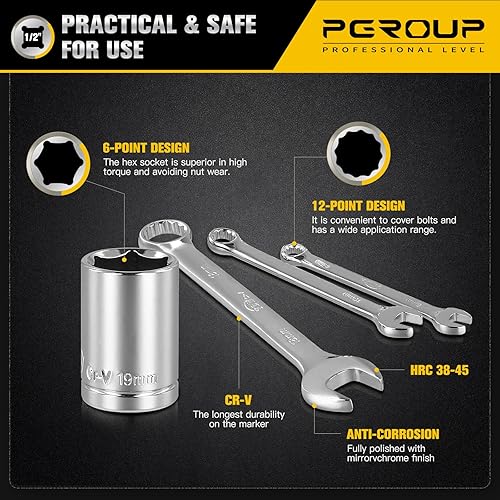 Miniatura 6 de pgroup Juego de llaves métricas de 12 pulgada de 0.315-1.260 in y juego de llaves combinadas de 0.315-0.748 in, juego de herramientas mecánicas de