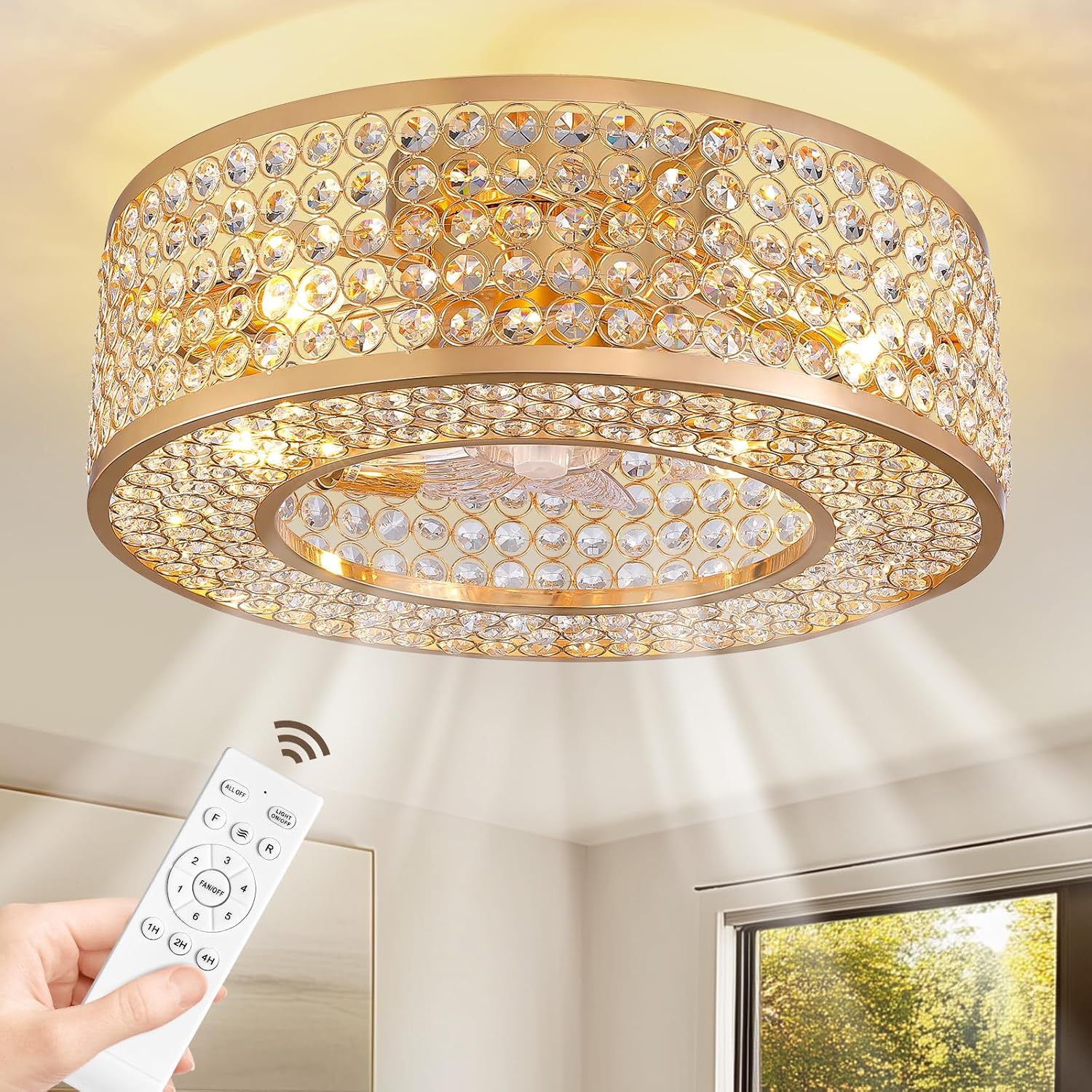 20" Caged Crystal Ceiling Fan with Lights Flush Mount Gold Fandelier Low Profile Chandelier Fan Enclosed Ceiling Fan Light Fixtures with Reversible Motor for Bedroom Kitchen Living Room