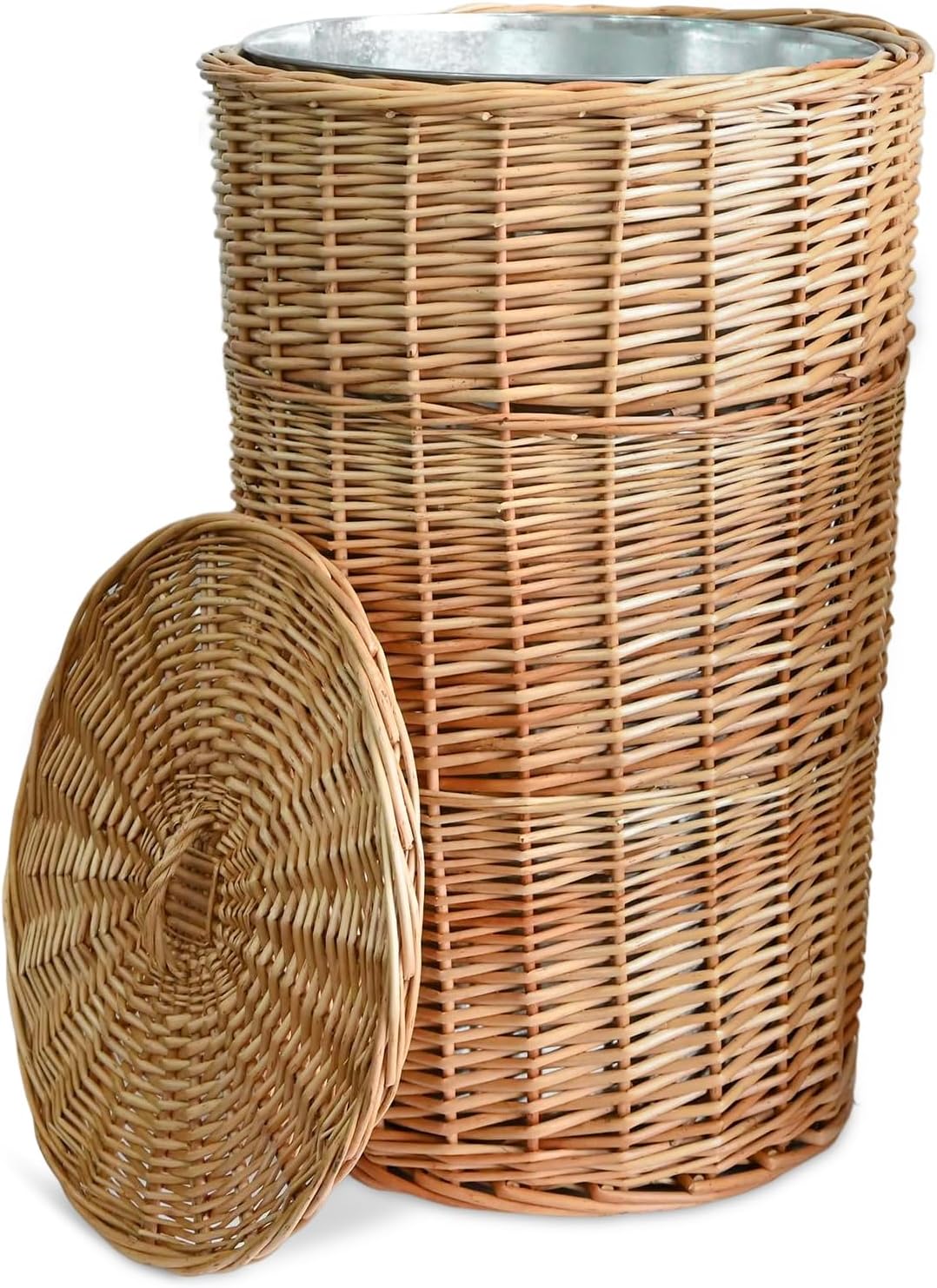 16.5 Gallon Large Rattan Trash Can with Metal Liner, 15" x 14" x 24" Wicker Trash Can with Lid, Tall Wicker Trash Can for Bedroom, Kitchen, Living Room, Hand-Woven Trash Can, Raw Wood Color
