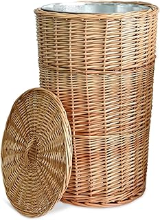 16.5 Gallon Large Wicker Trash Basket with Metal Liner,15x14x24 in Wicker Trash Can with Lid, Tall Wickers Waste Basket, Handwoven Trashs Cans for Bedroom Kitchen Living Room, Raw Wood Color