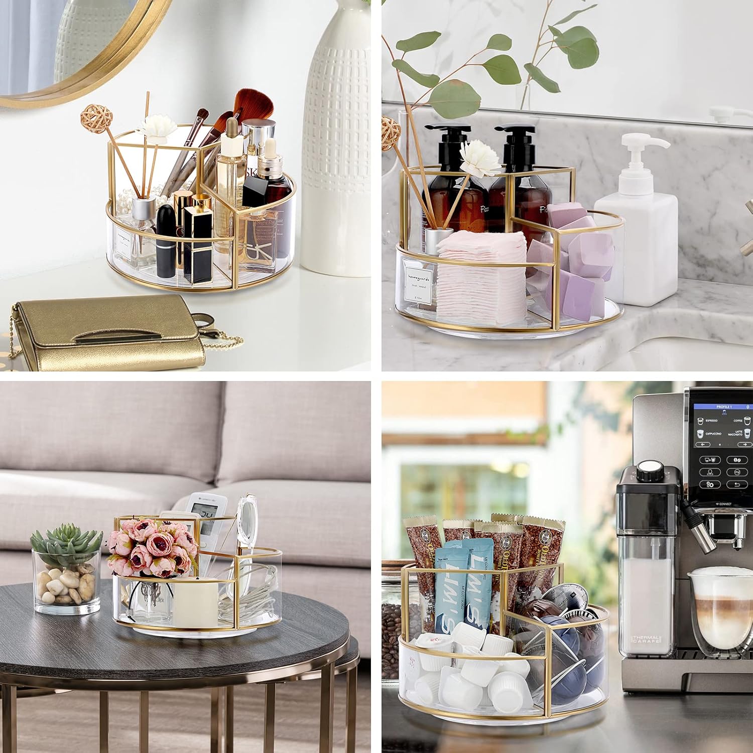 Hipiwe 360 Rotating Makeup Organizer 3-Slot Gold Glass Spinning Cosmetic Display Case Round Vanity Storage Holder Dresser Bathroom Organizer for Prefume Makeup Bushes Lipsticks
