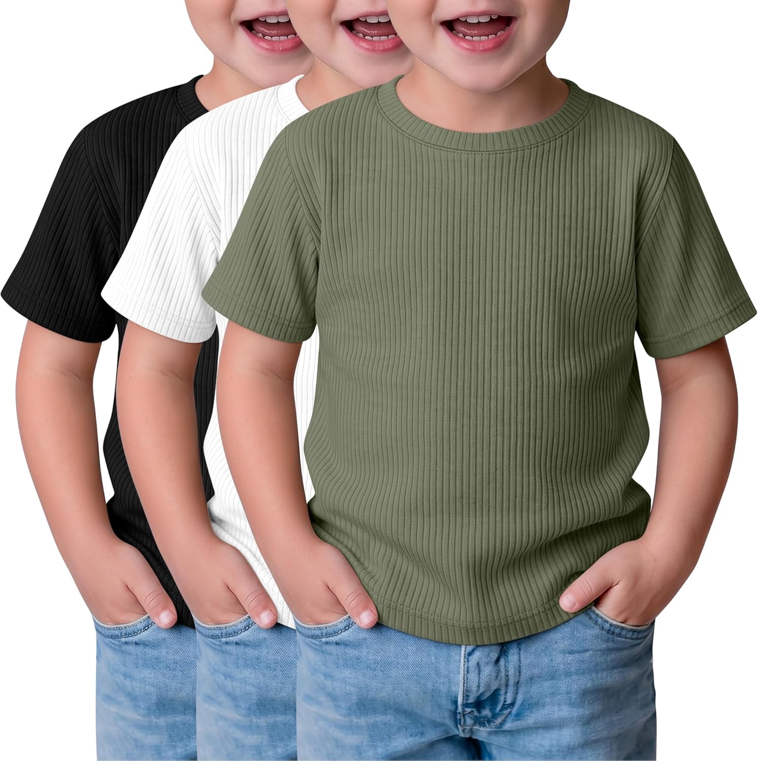 3 Pack Baby Boys T-Shirts Toddler 18M-5T Short Sleeve Summer Ribbed Crew Neck Soft Loose Shirts Infant Clothes Tees