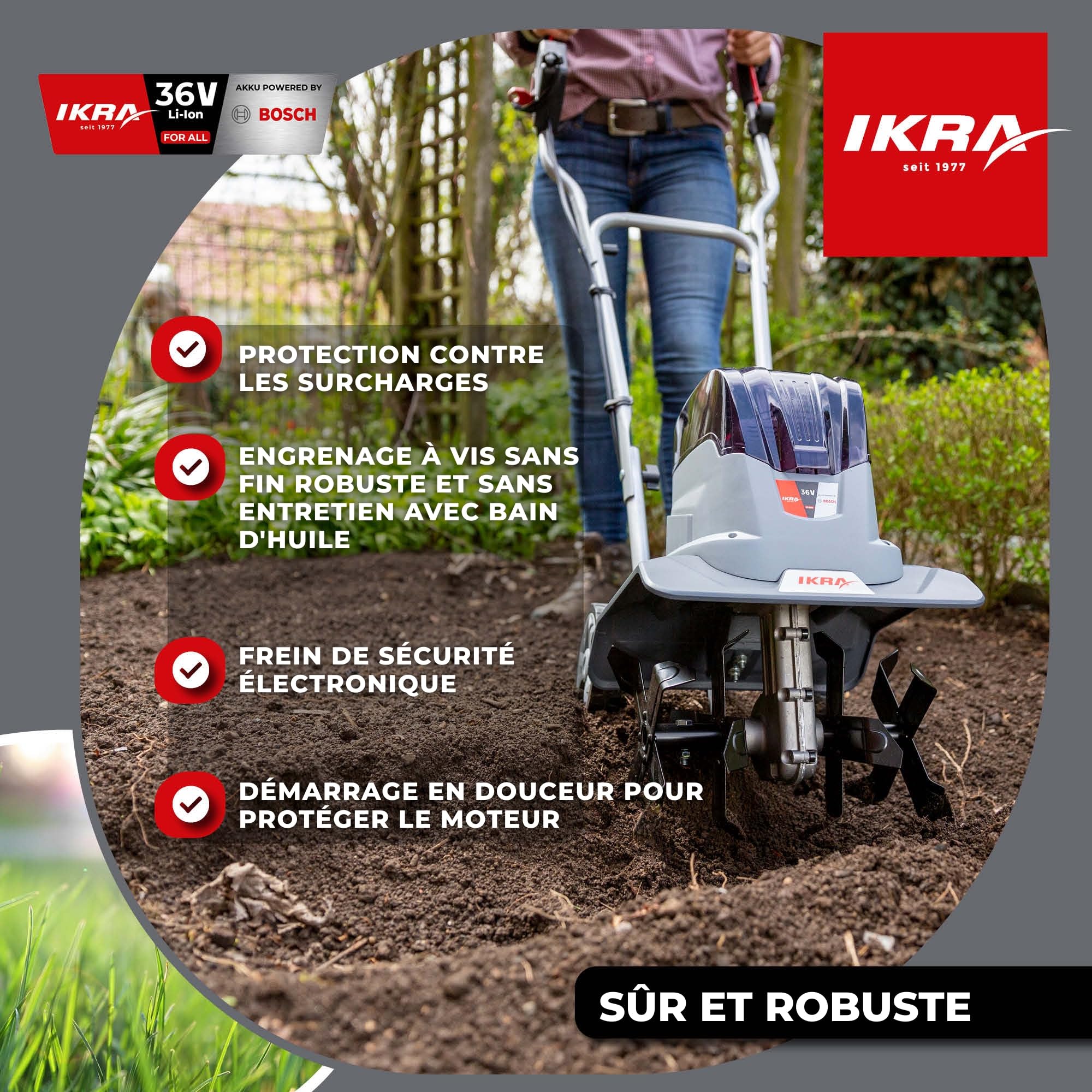 IKRA Motobineuse 36V sur Batterie IB-TC 36, Deux largeurs de Travail 18-30 cm, Compatible avec Bosch