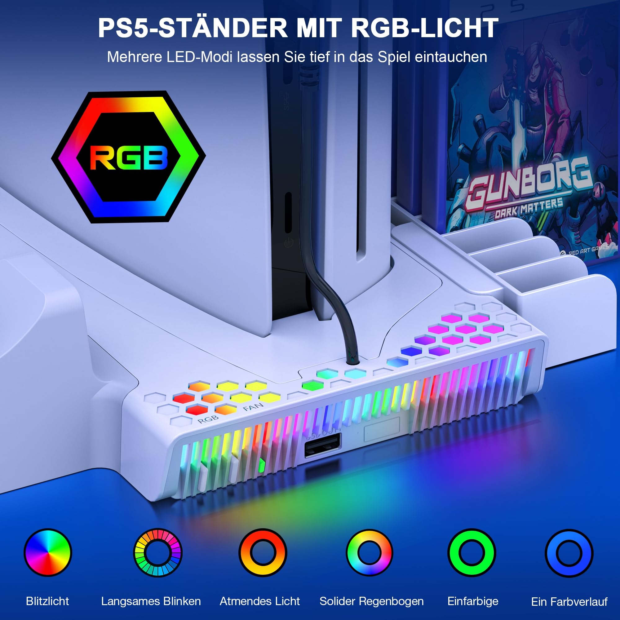 PS5 Ständer für PS5 Slim Konsole Neu, PS5 Standfuß mit 3-Stufig Kühler Lüfter Schnelle Abkühlung/PS5 Controller Ladestation/14 Spiele Aufbewahrung, PS5 Ständer für PS5 Slim Disc & Digital Konsole