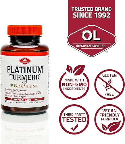 Miniatura 4 de Olympian Labs Cúrcuma Platino Formulada con Glucosamina, Chrondroitin, MSM y BioPerine para una Salud Máxima de las Articulaciones, 60 Cápsulas