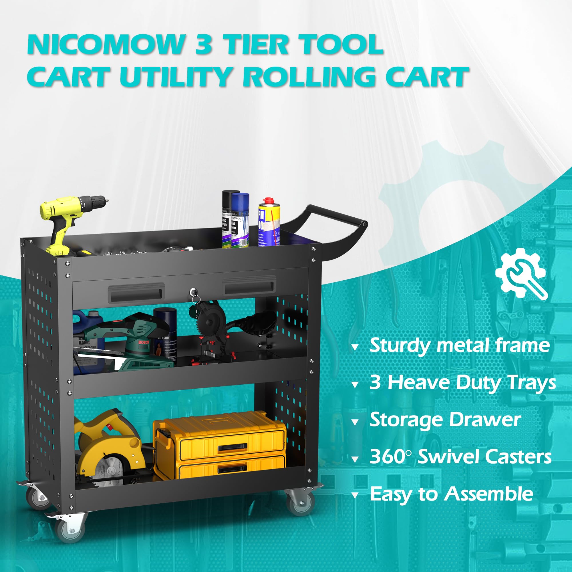 WYNIXARZ 3-Tier Rolling Tool Cart On Wheels, Heavy Duty