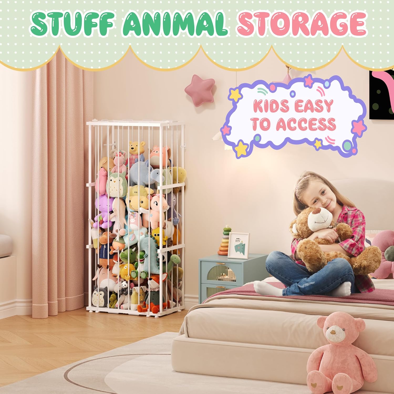 Large Metal Stuffed Animal Storage Zoo, Metal Stuffed Animal Holder Organizer with Elastic Cord, Space-Saving Toy Storage for Nursery, Playroom & Bedroom, White