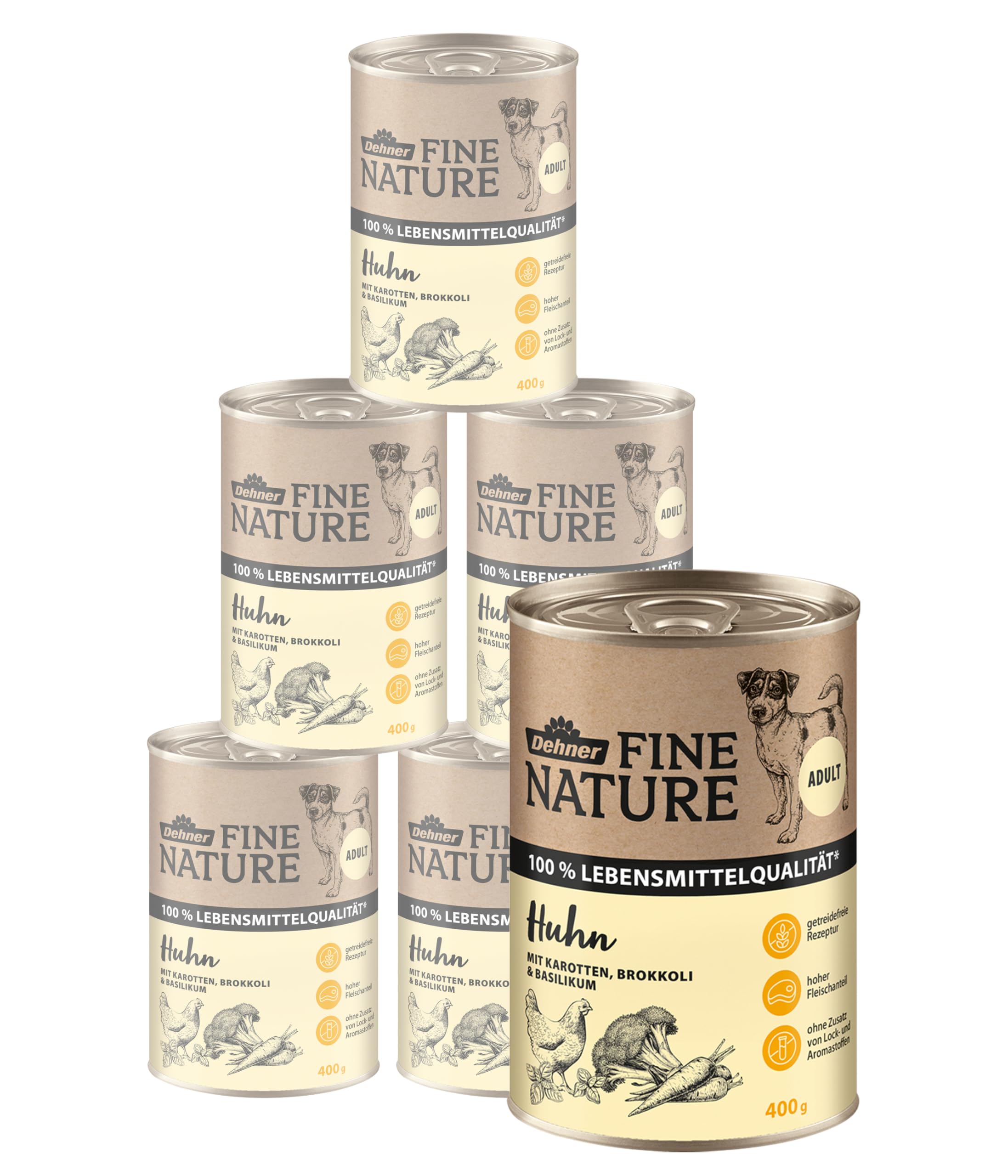 Dehner Fine Nature Hundefutter, Nassfutter in Lebensmittelqualität, für ausgewachsene Hunde, Huhn, 6 x 400 g Dose (2.4 kg)