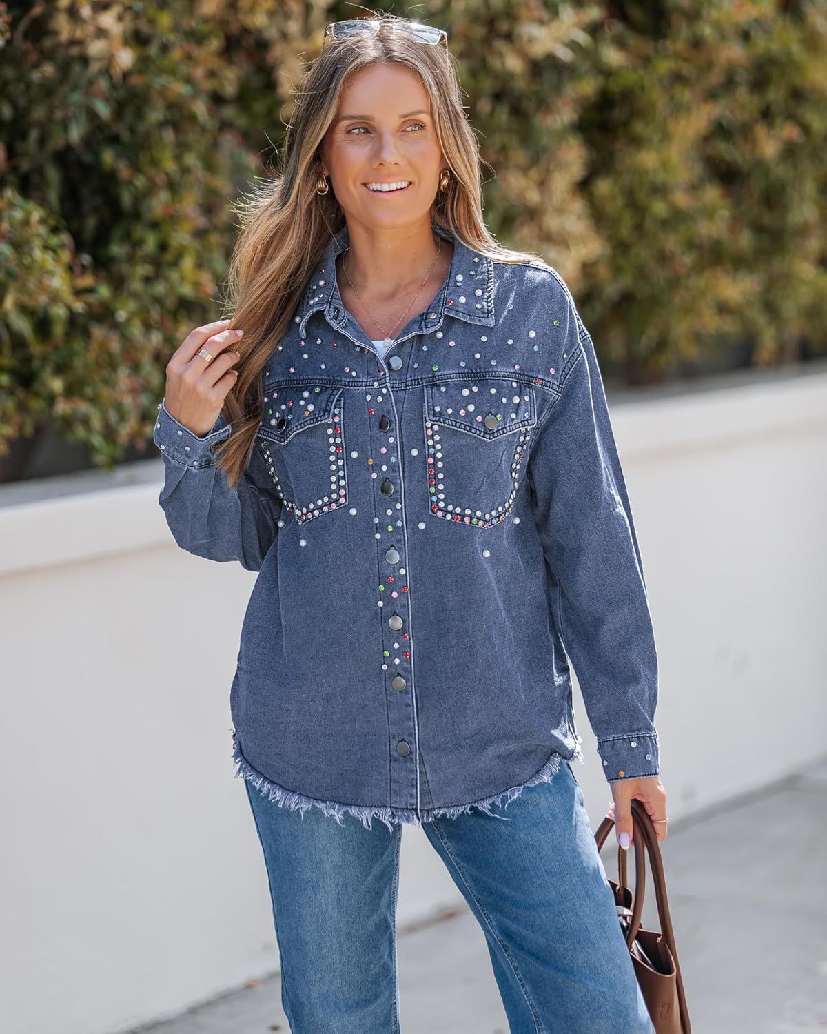 luvamia Jean Jacket Women Trendy Rhinestones Pearls Embellished Sparkly Frayed Hem Oversized Denim Jackets with Pockets - Image 5