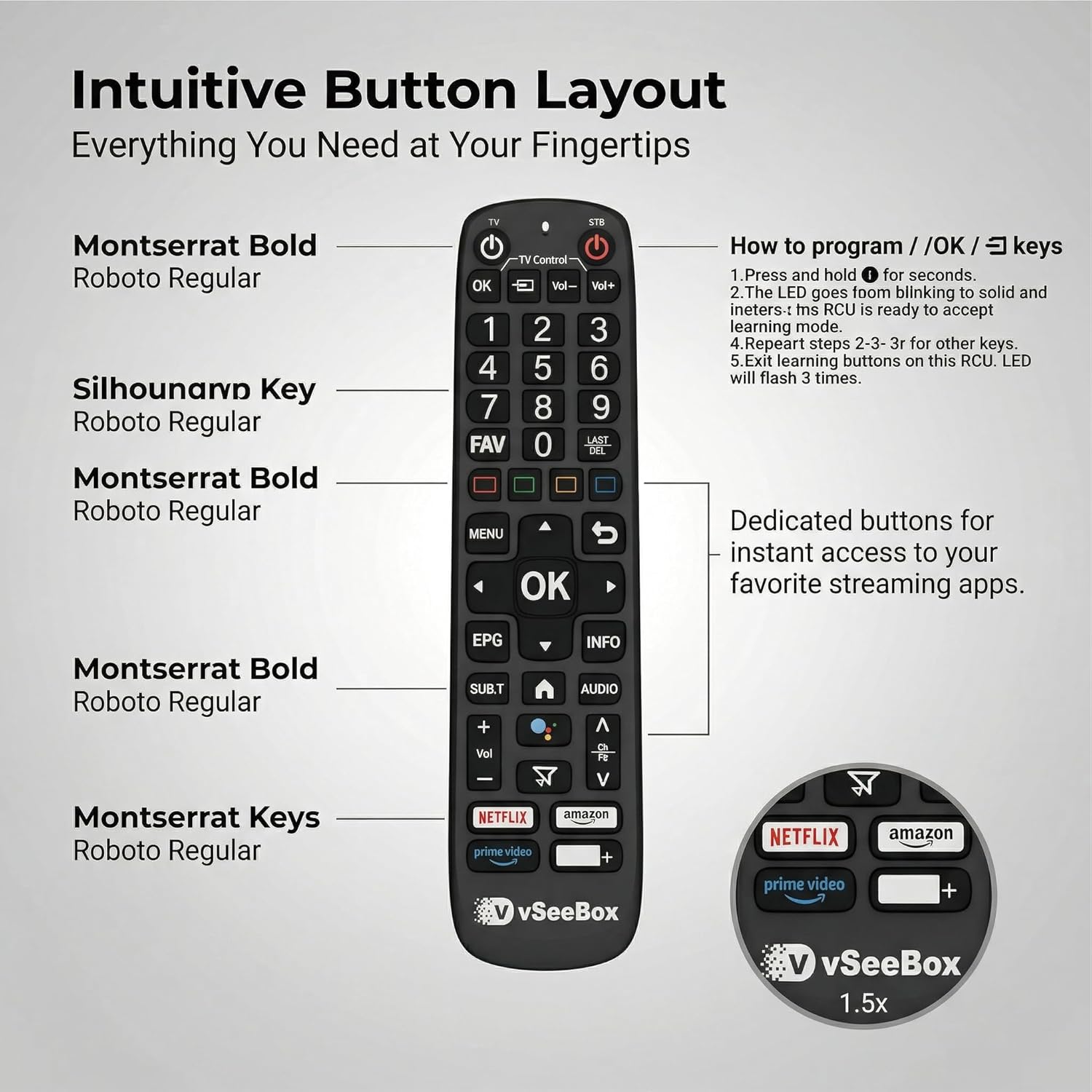 vSeeBox V6 Plus Remote Control Replacement TV Box Backlit Smart Bluetooth Voice Command Android